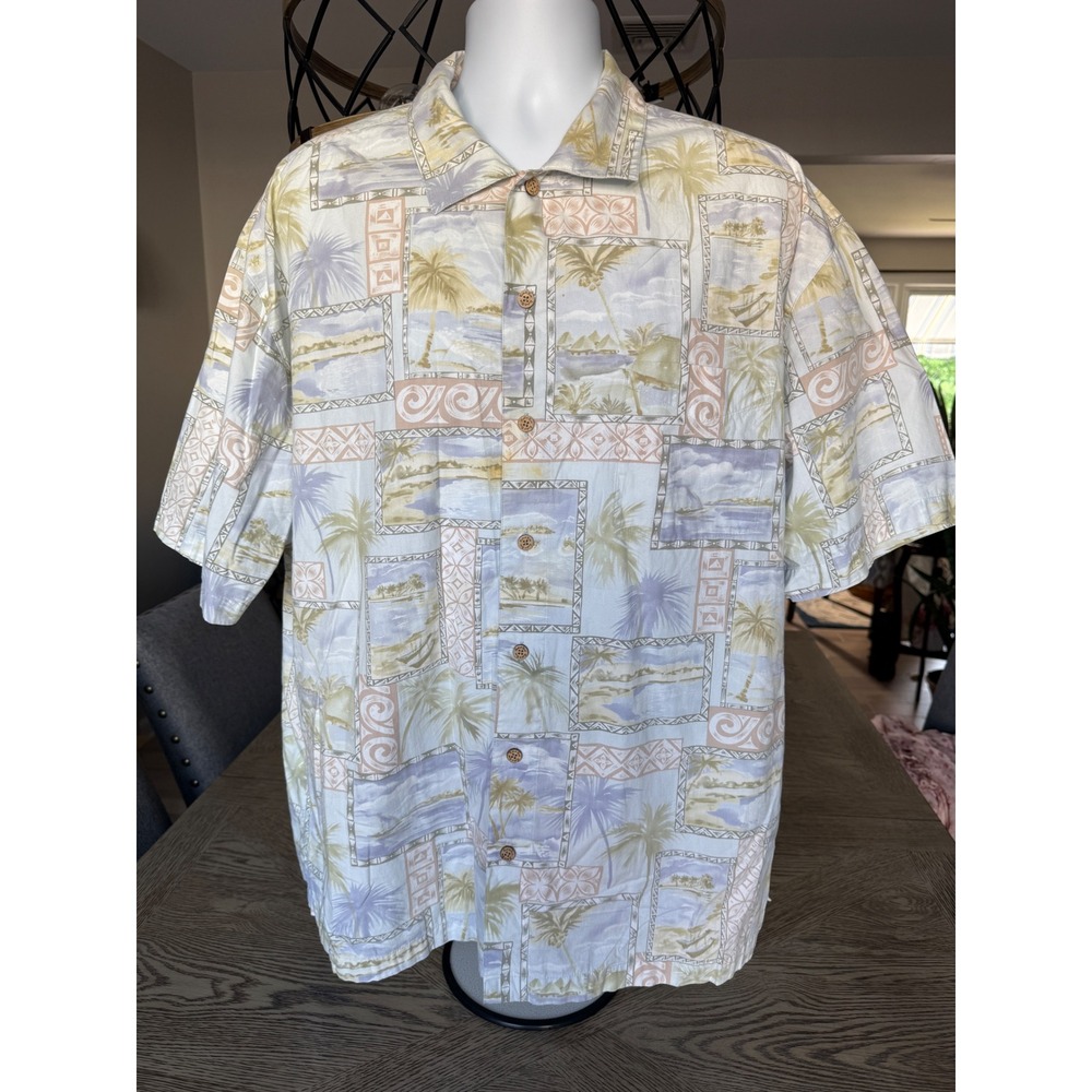 Batik Bay Mens XXL Tropical Palm Tree Button Down Shirt Cotton Pastel Blue Tan